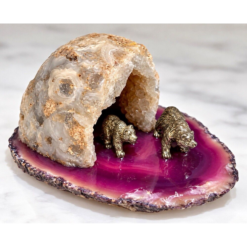 Purple Agate Slice Base w/ Quartz Geode Cave Decor & 2 Small Metal Bears